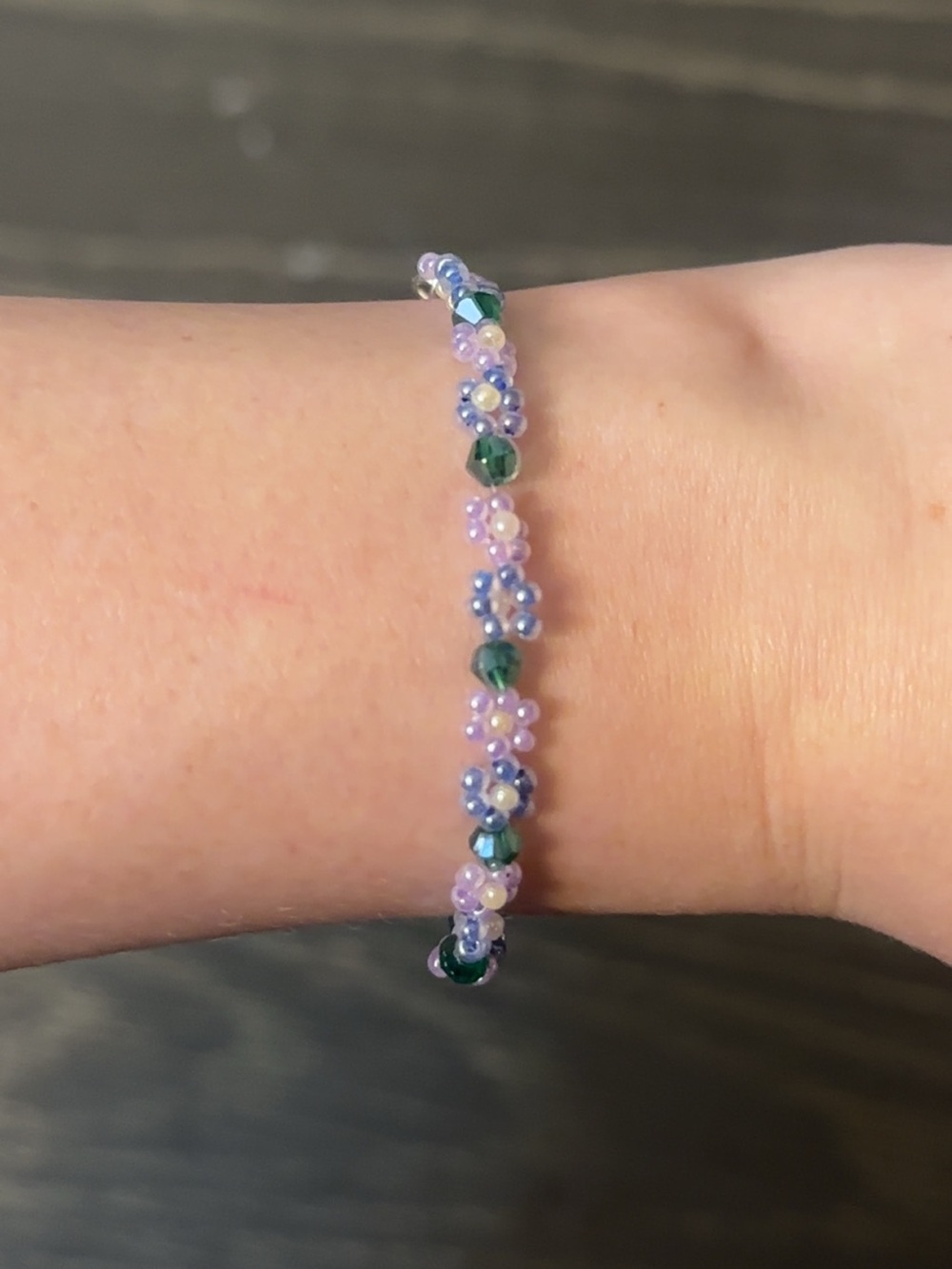 Handcrafted Lavender & Green Beaded Flower Bracelet